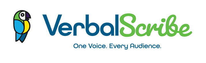 VerbalScribe logo with parrot and tagline