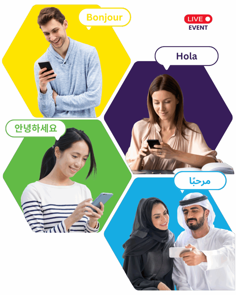 Multilingual people using smartphones during live event