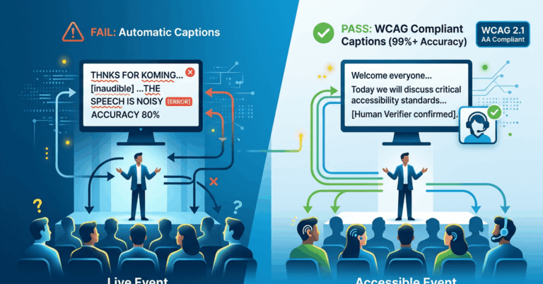 Why Auto-Captions Fail at Live Events (And What WCAG Actually Requires for Accessibility Compliance) - Live event captioning and translation by VerbalScribe